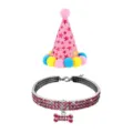 Close-up detail of shiny pink rhinestone pet collar and star pattern party hat set - Bone 2-Piece Set / Pink