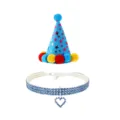 Close-up detail showing the blue star birthday hat and crystal heart collar for pets - Heart 2-Piece Set / Blue