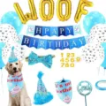 Complete blue dog birthday party decoration set with banner and hat - Blue Set