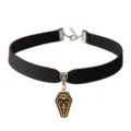 Goth style choker detail with black velvet strap and alloy coffin pendant, gothic alternative accessory. - Cartoon Coffin