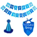 Complete blue dog birthday party supplies set with banner glitter hat and bandana - Set