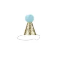 Detail view of a golden glitter pet party hat with a light blue fluffy pom-pom - Blue Hat
