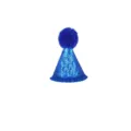 Close-up detail of a bright blue sequined pet party hat with a fluffy blue pom-pom top - Hat
