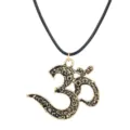 Detailed close-up of vintage style Om symbol pendant necklace with black cord for daily wear. - Om Symbol (A-1212) / Silver