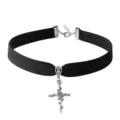 Gothic black velvet choker necklace with vintage silver rose cross pendant for women girls. - Cross with Rose