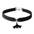 Close-up of black velvet choker necklace with silver metal alloy and cute bat pendant detail. - Red Bat