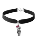 Gothic black velvet choker necklace with cute skeleton pendant and pink bow detail. - Pink Skull