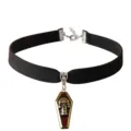 Black velvet choker necklace with skull coffin pendant, gothic jewelry accessory for women. - Skull Coffin