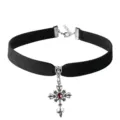 Gothic black velvet choker necklace featuring an ornate silver cross pendant for women - Zirconia Cross