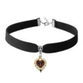 Gothic black velvet choker necklace featuring a golden filigree heart red butterfly pendant. - Gold & Red Butterfly