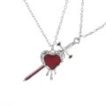 Silver double-layer necklace with red heart pierced by sword pendant, fashion couple jewelry. - A-2613