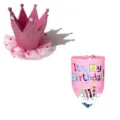 Detailed view of pink pet birthday party set including sparkling crown and cute bandana. - Set / Pink