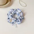 Korean sweet blue plaid bear print hair scrunchie, elegant ponytail holder for women. - Blue Bear Print