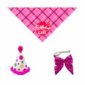Cute pet birthday party set with pink plaid bandana, hat and bow tie for dogs and cats. - Rose Red 3-Piece Set