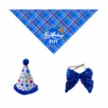 Pet birthday party bandana hat and sequin bow set for dogs and cats, blue plaid design. - Blue 3-Piece Set
