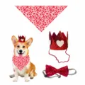 Valentine Day Pet Dog Birthday Party Decoration Set Red Sequin Crown Bandana Bowtie - Heart Style / Red