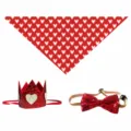 Pet Valentine's Day costume set including heart bandana, glitter crown hat, and red bow tie. - Heart Style