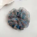 Elegant organza floral print hair scrunchie, soft blue and brown tie-dye hair tie for women. - Blue-Orange Rhinestone Floral