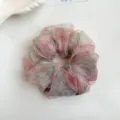 Floral organza hair scrunchie detail view, sparkling rhinestone accent, soft daily hair tie. - Pink-Green Rhinestone Floral
