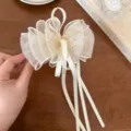 Elegante pince a cheveux noeud en tulle avec strass scintillants pour coiffures chic. - Blanc Cassé