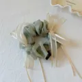 Forest style green scrunchie with cream ribbons elegant hair tie ponytail accessory for women. - Small Scrunchie