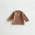Infant baby long sleeve thermal t-shirt with cute rabbit embroidery detail close up view. - 73cm / Tops / Khaki