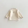 Baby girl cute rabbit embroidery fleece lined mock neck long sleeve t-shirt autumn winter - 90cm / Tops / Beige