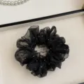 Black mesh rhinestone scrunchie detail view, stylish hair tie accessory for women. - Point Drill Style / Black Mesh Rhinestone Scrunchie