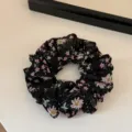 Korean style floral mesh scrunchie black organza hair tie pony tail elastic band for women. - S / Floral Print Style / Black Floral Print - Small