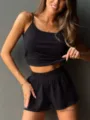 Geribbelde hemd en short pyjama set voor dames, casual effen kleur nachtkleding. - S / Top en Broek / Zwart