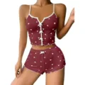 Set Pigiama donna con stampa cuore e bordo a contrasto canotta e pantaloncini notte - Cuore bianco su fondo vinaccia