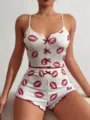 Sexy donna bianco rosso stampa labbra canotta crop top e pantaloncini Pigiama set - Labbra