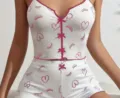 Donna carino cuore ciglia stampa a costine canotta pigiama set contrasto bordo - Ciglia rosa acceso su fondo bianco