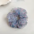 Floral sheer organza hair scrunchie with sparkling rhinestones, fluffy Korean style. - Blue Rhinestone Floral