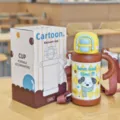 Cute 550ml stainless steel children insulated water bottle with cute strap and straw. - Dog Pattern (YY-8267) / 500ml / Brown