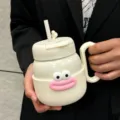 Vaso con pajita y cara dibujos animados lindo gran capacidad aislada botella agua - 450ml / Estilo Boca de Salchicha / Blanco