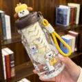 Cute puppy plastic straw water bottle with tea infuser and portable hand strap for girls. - Doll Lid With Straw & Infuser / 3D Doll Lid Coffee Style