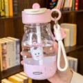 Pink cute cat water bottle with straw and portable strap for girls and kids daily use. - 600ml / Pink (XDFFL7869)
