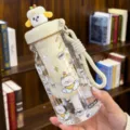 Cute puppy plastic straw water bottle with tea infuser and portable strap for summer daily use. - 3D Doll Lid White Style