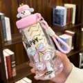 Cute puppy plastic straw cup with tea compartment and lanyard for summer daily use style. - 3D Doll Lid Pink Style