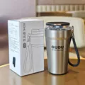 Taza de viaje para cafe aislada de acero inoxidable con tapa abatible y cordon 480ml. - 480ml / Plateado