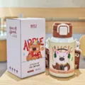 Süße kinder isolierflasche 500ml edelstahl thermobecher mit trinkhalm und tragegurt. - 500ml / DD3058 Neues Modell Kaffeebraun