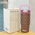 Stainless steel 600ml vacuum coffee cup with cute mushroom pattern and portable pink handle - 16oz / MLL-5057 Brown