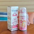 Pink insulated water bottle 500ml with straw and cute cat design, portable student thermos. - Kitty Series (BW-188) / Pink