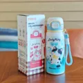 Stainless steel vacuum insulated water bottle with cute cat pattern, strap and straw. - Kitty Series (BW-188) / Blue