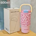 Fashionable 600ml stainless steel vacuum water bottle with pink leopard print and handle. - 16oz / MLL-5057 Pink