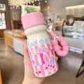 Creative pink vacuum insulated water bottle with cute bunny pattern and beaded carrying strap. - 500ml / YY-8281 Pink