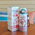 Cute cartoon stainless steel vacuum thermos cup with straw and strap, 500ml portable water bottle. - Kitty Series (BW-188) / Brown