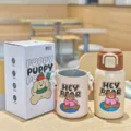 Detailed view of children vacuum insulated thermos cup set with cute cartoon bear sleeve and box. - Dog Style (DD3058) / 500ml / Brown