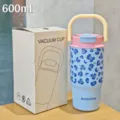 Stainless steel vacuum coffee cup, 600ml portable mug in blue leopard print with yellow handle. - 16oz / MLL-5057 Blue